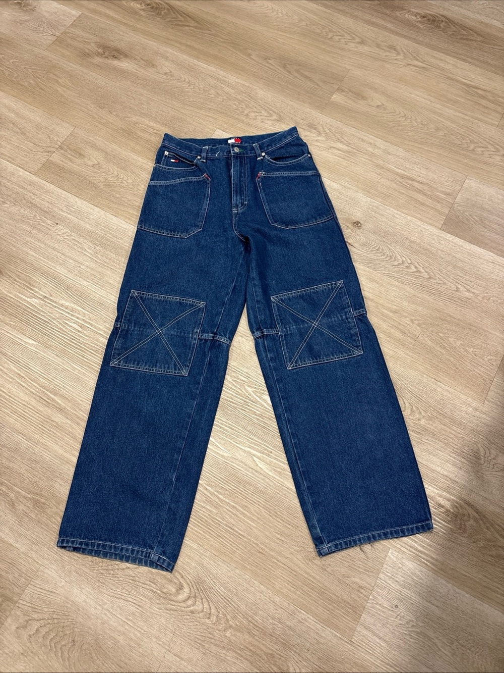 Vintage Tommy Hilfiger Cargo Jeans Size 28x30 Baggy Leg 90's Y2K Double Knee